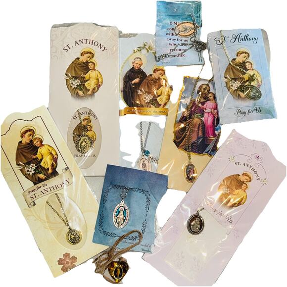 9 Vintage Necklaces Crucifix Saint St. Anthony Joseph Peregrine Jesus Mary NEW - Picture 1 of 5